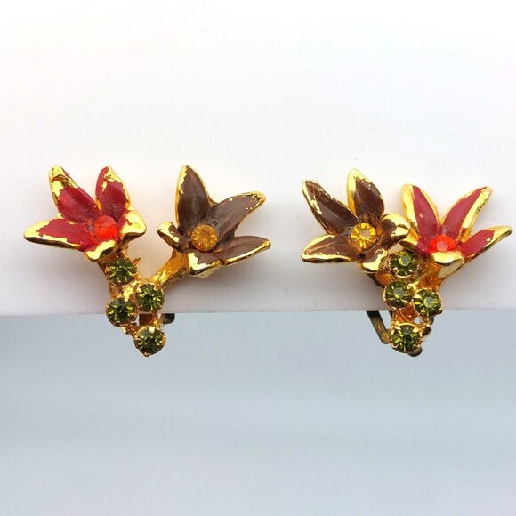 Vintage Austrian Lily Floral Clip-On Earrings Gold Tone & Rhinestones - Picture 4 of 4